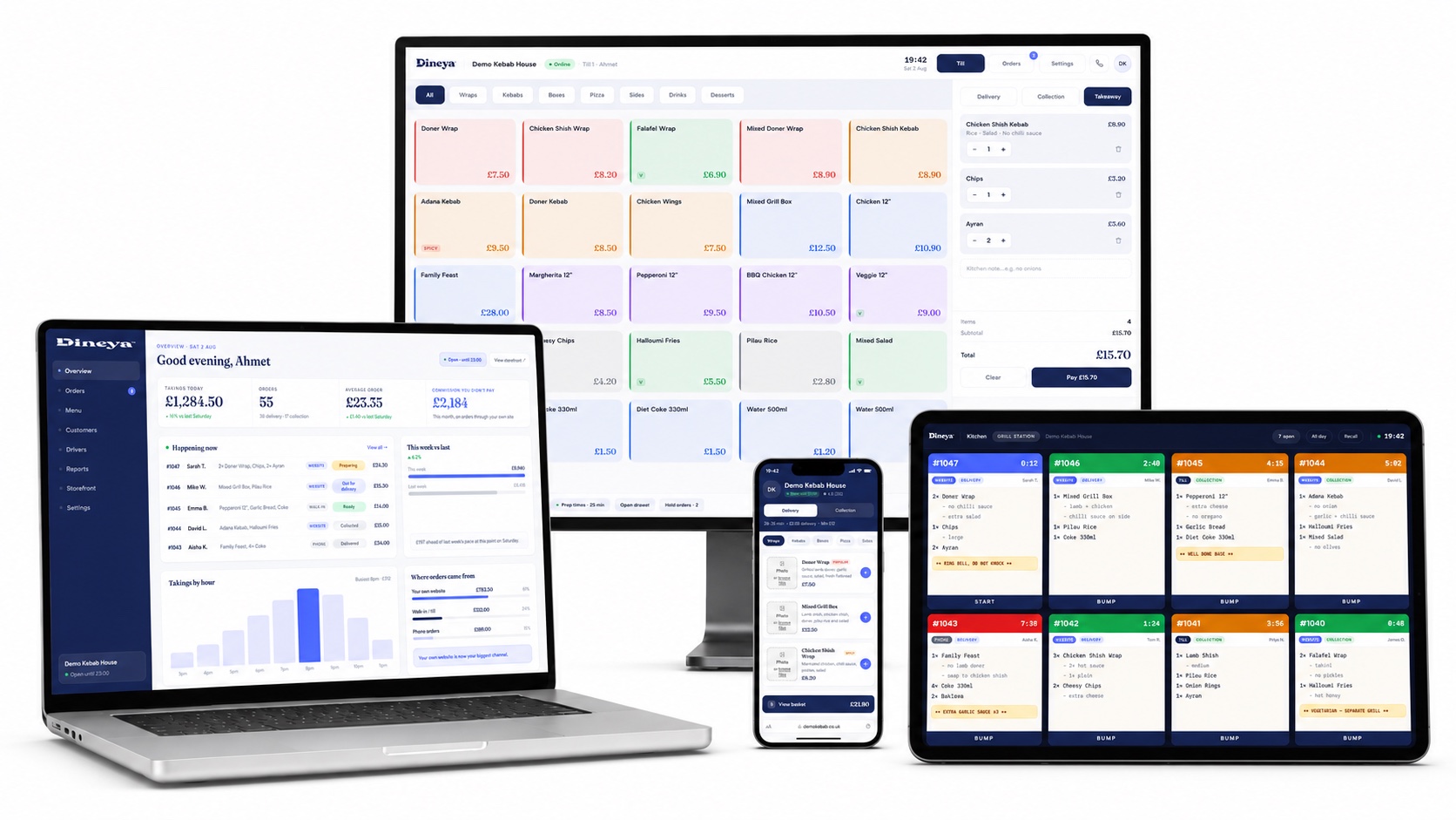 The Dineya ordering site, till and reports running on a phone, laptop, monitor and tablet